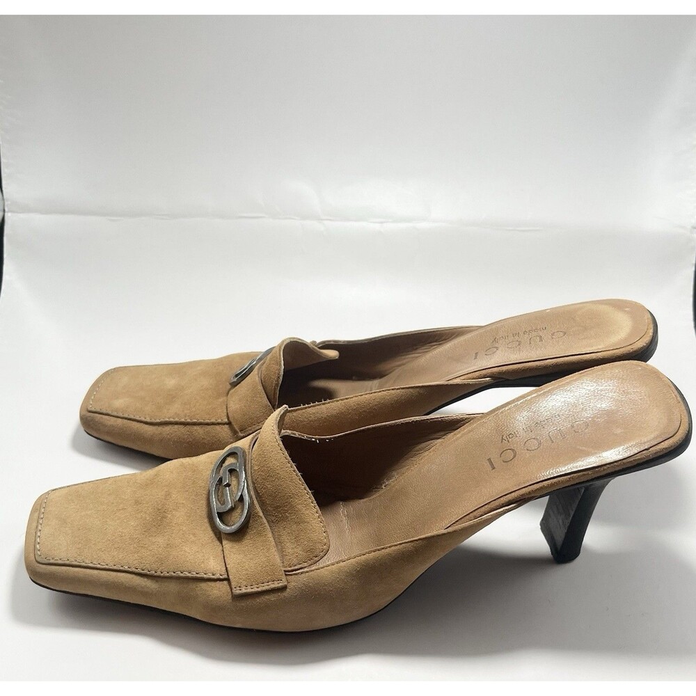 GUCCI Mules Tan Suede Kitten Heels GG Logo Slip On Vintage TOM FORD Era Sz 37 7 - Picture 11 of 16